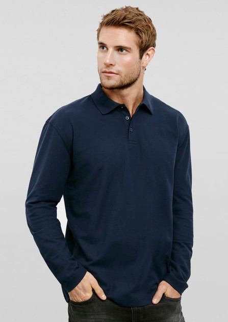 A navy long sleeve polo shirt featuring a collar and a logo. The model is wearing it in a neutral background. A navy long sleeve polo shirt featuring a collar and a logo. The model is wearing it in a neutral background.