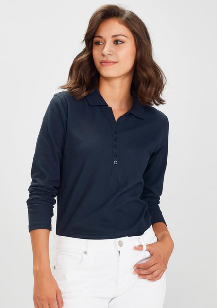 A long sleeve polo shirt in navy blue, featuring a button-down collar and a fitted silhouette. A logo is present. A long sleeve polo shirt in navy blue, featuring a button-down collar and a fitted silhouette. A logo is present.