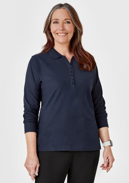 A navy long sleeve polo shirt featuring a collared neckline and button placket, worn by a smiling woman. A navy long sleeve polo shirt featuring a collared neckline and button placket, worn by a smiling woman.