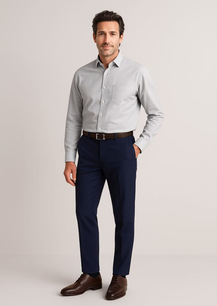 A man wearing a light grey shirt and navy blue slim fit flat front pants, styled with a brown belt and shoes. A man wearing a light grey shirt and navy blue slim fit flat front pants, styled with a brown belt and shoes.