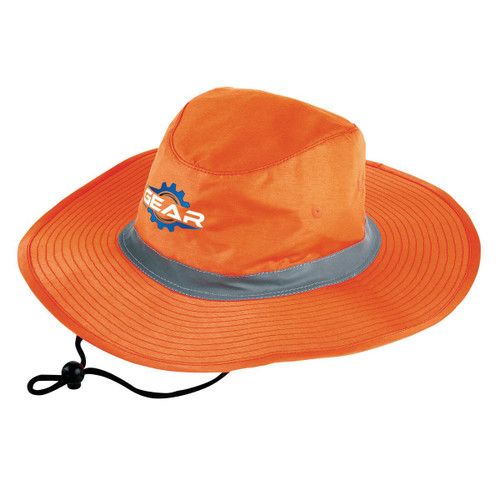A bright orange safety hat with a wide brim, featuring a reflective grey band and a logo.