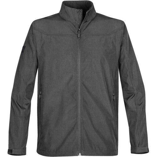 A grey men's softshell jacket with a high collar and zipped pockets, featuring a logo on the sleeve. A grey men's softshell jacket with a high collar and zipped pockets, featuring a logo on the sleeve.