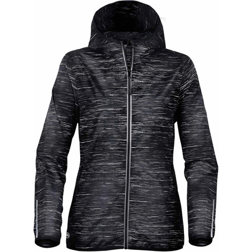 A women's lightweight shell jacket in black and grey with a hood and a zip front. Features a logo on the chest.