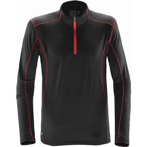 A black pullover with red piping, featuring a half zip and long sleeves, designed in polar fleece material.
