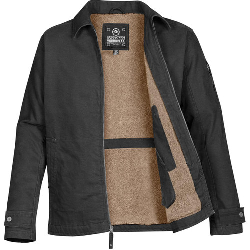 A black work jacket with a soft beige lining, featuring a zip closure and a pocket on the inside. A black work jacket with a soft beige lining, featuring a zip closure and a pocket on the inside.
