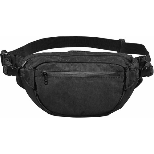 A black bum bag with a zippered compartment and adjustable strap, featuring branding on the exterior. A black bum bag with a zippered compartment and adjustable strap, featuring branding on the exterior.
