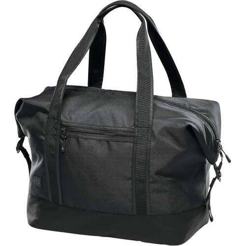 A black duffle bag with sturdy handles, featuring a zippered front pocket and a logo. A black duffle bag with sturdy handles, featuring a zippered front pocket and a logo.