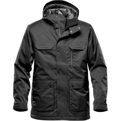 A black thermal jacket with a hood and multiple pockets, featuring a logo on the chest. A black thermal jacket with a hood and multiple pockets, featuring a logo on the chest.