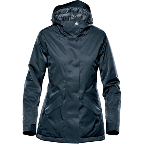 A women's thermal jacket in dark navy with a hood, featuring front pockets and a branded logo. A women's thermal jacket in dark navy with a hood, featuring front pockets and a branded logo.