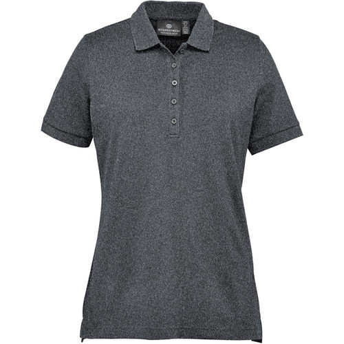 A grey women's polo shirt featuring short sleeves, a collar, and a branded label at the neckline. A grey women's polo shirt featuring short sleeves, a collar, and a branded label at the neckline.