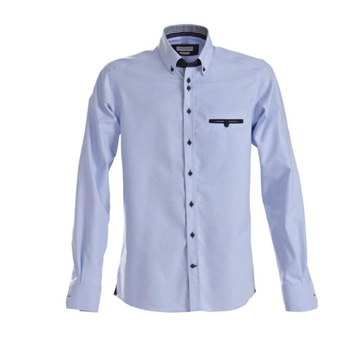 A button-up shirt in light blue with a contrasting black pocket and buttons. Features a checkered inner collar. A button-up shirt in light blue with a contrasting black pocket and buttons. Features a checkered inner collar.