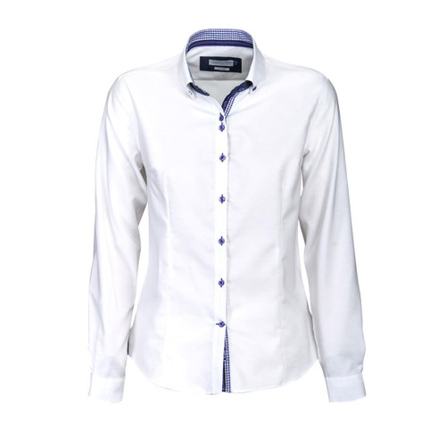 A white button-up shirt with a checkered blue pattern on the collar and cuffs. It features a logo on the label. A white button-up shirt with a checkered blue pattern on the collar and cuffs. It features a logo on the label.
