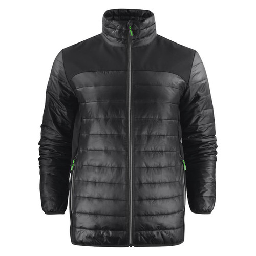 A unisex lightweight jacket in black with green accents and a zip front, featuring a padded design and a logo. A unisex lightweight jacket in black with green accents and a zip front, featuring a padded design and a logo.