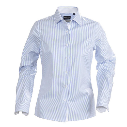 A button-up shirt in blue and white stripes, featuring a collar and long sleeves. The shirt has a logo. A button-up shirt in blue and white stripes, featuring a collar and long sleeves. The shirt has a logo.