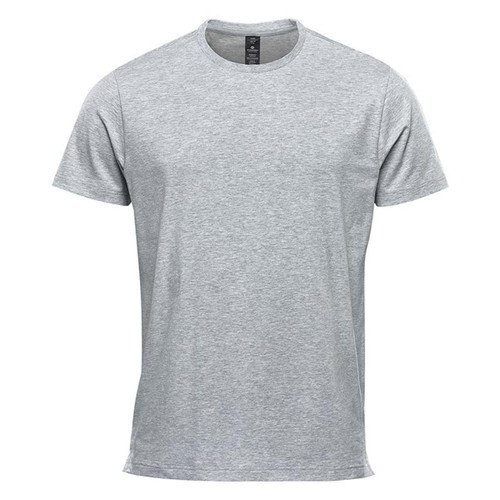 A grey short sleeve tee with a round neckline and a logo on the label. Suitable for casual wear.