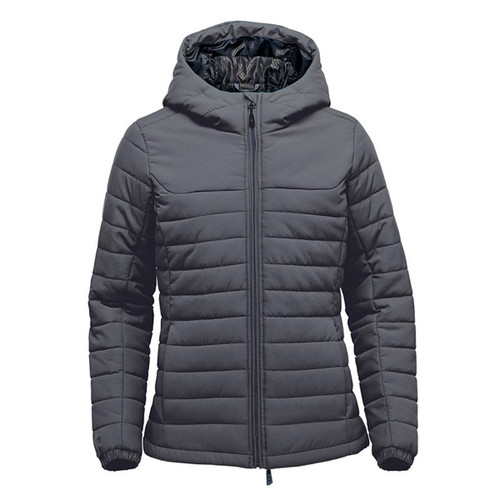 A grey women's quilted hooded jumper featuring a zip front and a logo.