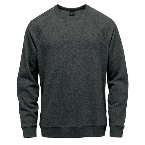 A men's crew neck sweater in dark grey with a casual design, featuring long sleeves and a subtle branding logo.