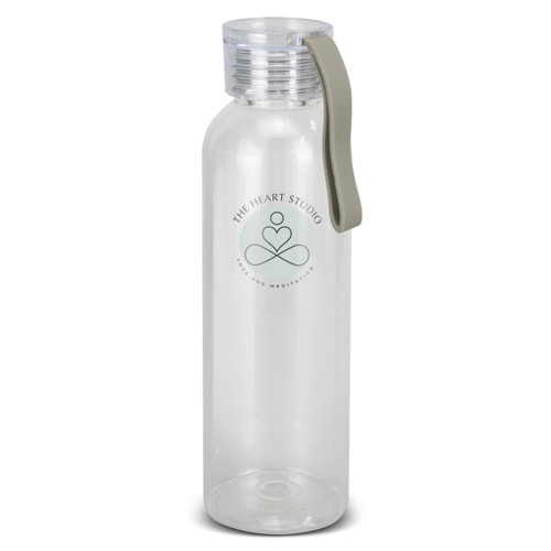 A drink bottle with a clear body, grey lid, and a handle, featuring a circular logo on the front. A drink bottle with a clear body, grey lid, and a handle, featuring a circular logo on the front.