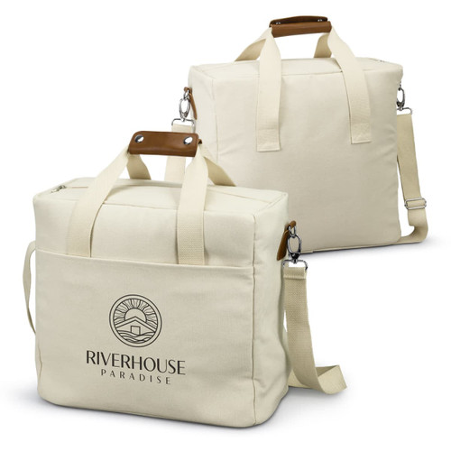 A cream cooler tote bag with wooden handles and an adjustable strap, featuring a logo on the front. A cream cooler tote bag with wooden handles and an adjustable strap, featuring a logo on the front.