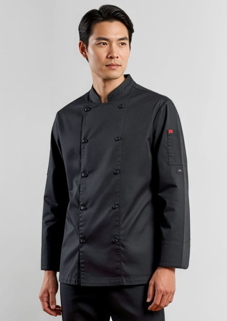 A long sleeve black chef jacket with a button-up front and a logo on the sleeve, worn by a model.