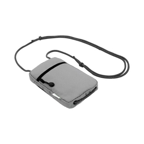 A grey bag with a black strap and a front pocket, featuring a logo on the side. A grey bag with a black strap and a front pocket, featuring a logo on the side.