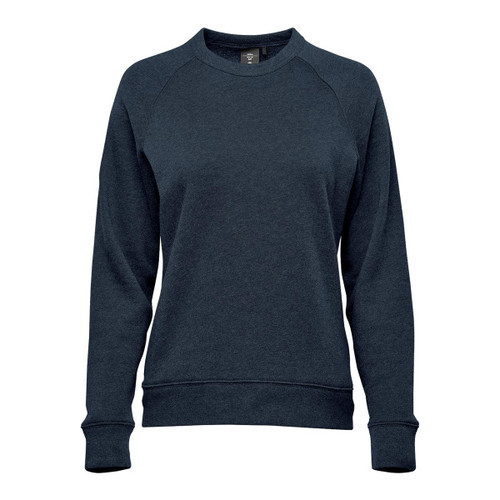 A dark navy women's fleece crew neck jumper with a simple design and ribbed cuffs and hem. It features a logo.