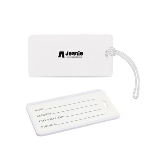 A white luggage tag featuring a clear loop attachment, with spaces for personal information and a logo on one side.