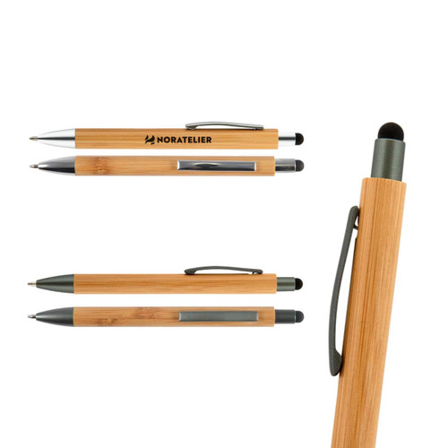A bamboo pen and stylus in natural wood with grey accents, featuring a clip and a logo.