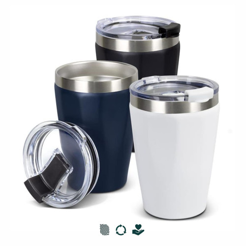 A drink bottle set featuring three vacuum tumblers in white, navy, and black, each with a clear lid. A drink bottle set featuring three vacuum tumblers in white, navy, and black, each with a clear lid.