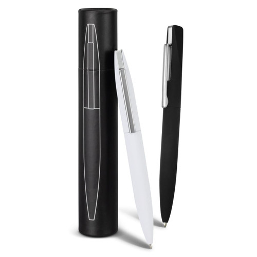A metal pen set featuring a black pen, a white pen, and a sleek black storage tube. Each pen has a silver accent. A metal pen set featuring a black pen, a white pen, and a sleek black storage tube. Each pen has a silver accent.