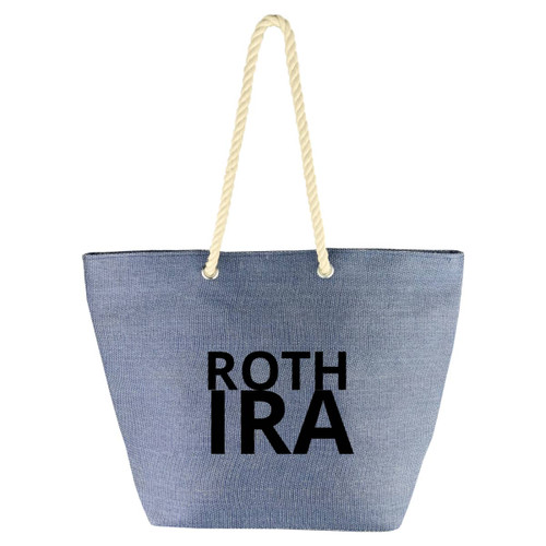 A blue kraft paper tote bag with rope handles featuring a logo.