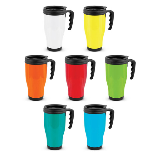 A drink bottle collection features seven travel mugs in white, yellow, orange, red, green, teal, and blue, each with a black lid and handle. A drink bottle collection features seven travel mugs in white, yellow, orange, red, green, teal, and blue, each with a black lid and handle.