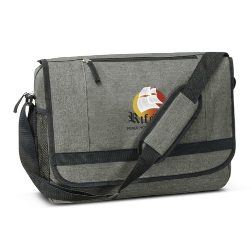 A grey satchel bag with a shoulder strap, featuring a logo on the front. A grey satchel bag with a shoulder strap, featuring a logo on the front.