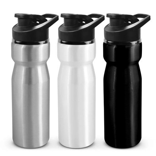 A drink bottle featuring a snap cap, available in silver, white, and black with a sleek design and a logo. A drink bottle featuring a snap cap, available in silver, white, and black with a sleek design and a logo.
