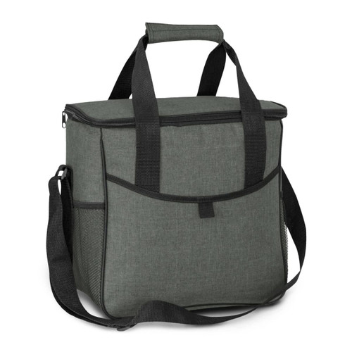A green cooler bag with a zip closure and sturdy handles, featuring a front pocket and side mesh detail. A green cooler bag with a zip closure and sturdy handles, featuring a front pocket and side mesh detail.