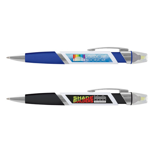 A highlighter pen set featuring a blue pen and a black pen, both with clear caps and branded logos. A highlighter pen set featuring a blue pen and a black pen, both with clear caps and branded logos.