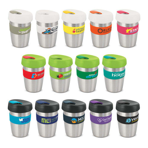 A collection of stainless steel drink bottles with various coloured silicone bands and lids, featuring different branding.