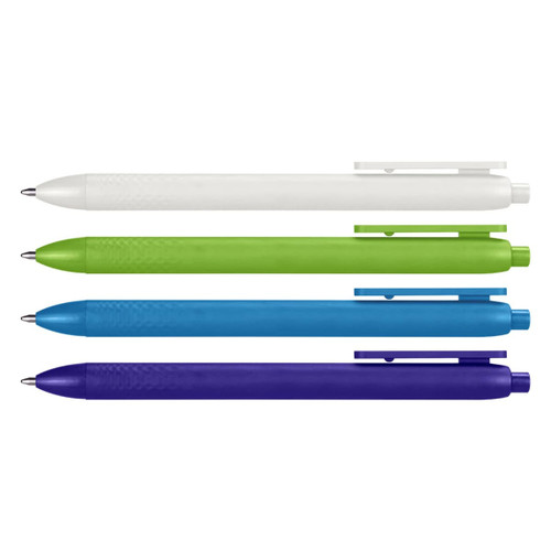 Four pens in white, green, blue, and purple, featuring a textured grip and a clip for easy attachment.