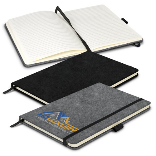 A grey and black RPET felt hard cover notebook with lined pages, featuring an elastic band and a logo. A grey and black RPET felt hard cover notebook with lined pages, featuring an elastic band and a logo.