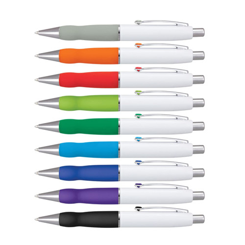A row of metal pens with white barrels and coloured grips in grey, orange, green, blue, purple, and black. Each has a clip.