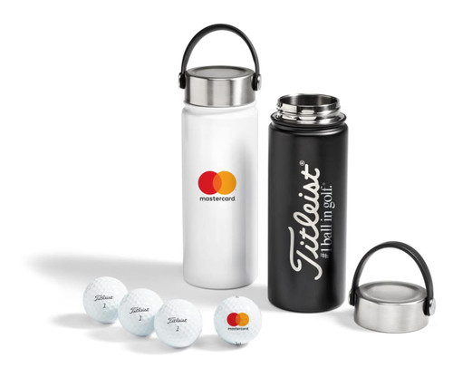A drink bottle in white and black with a silver lid, featuring golf balls and a logo.