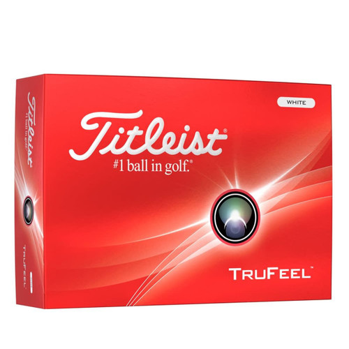 A red box containing Titleist TruFeel golf balls in white, featuring a logo on the front. A red box containing Titleist TruFeel golf balls in white, featuring a logo on the front.
