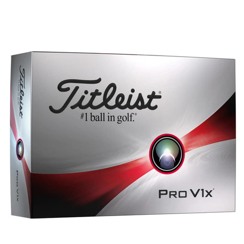 A box of Titleist Pro V1X golf balls featuring a sleek design in silver and red. The box includes branding elements.
