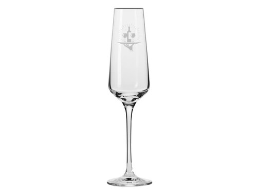 A champagne flute in clear glass with a slender design and etched detailing, showcasing elegant craftsmanship.