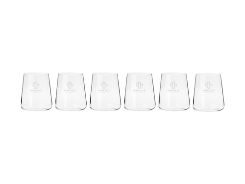Six clear glass tumblers in a gift box, featuring a subtle logo on each.
