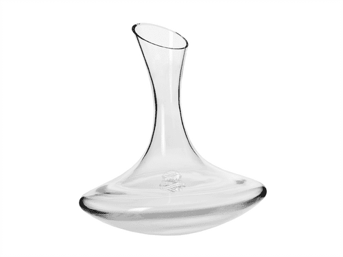A glass wine carafe with an elegant, curvy design, featuring a clear finish and a logo.