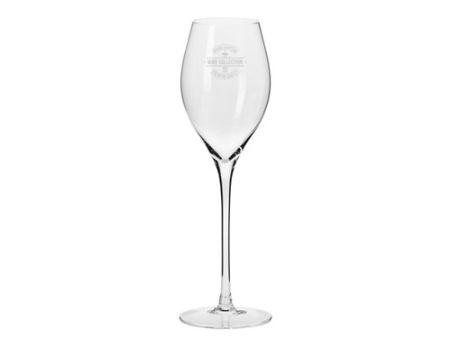Elegant clear Prosecco glass with a slender stem, featuring a logo design. Ideal for serving sparkling drinks.