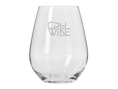 A clear glass stemless wine glass with a curved shape, featuring a logo. Ideal for wine enjoyment.