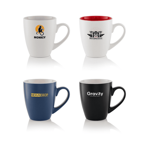 Four coffee mugs in white, navy blue, black, and two-toned red and white, each featuring a logo.