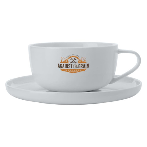A white high rim cup with a matching saucer, featuring a logo on the cup. A white high rim cup with a matching saucer, featuring a logo on the cup.
